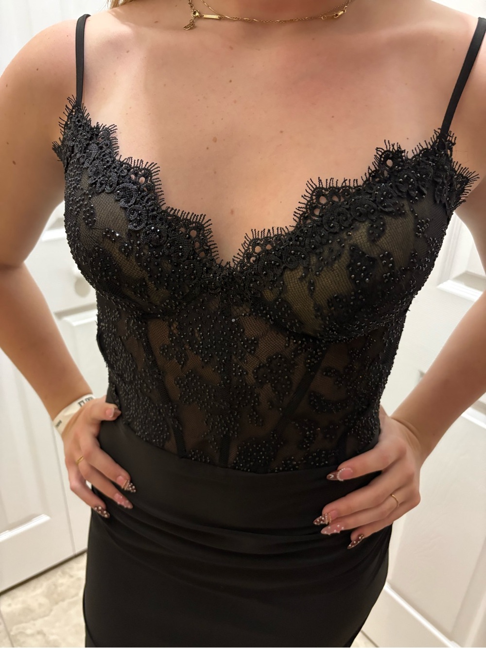 La Femme Black Beaded Lace Mini Dress